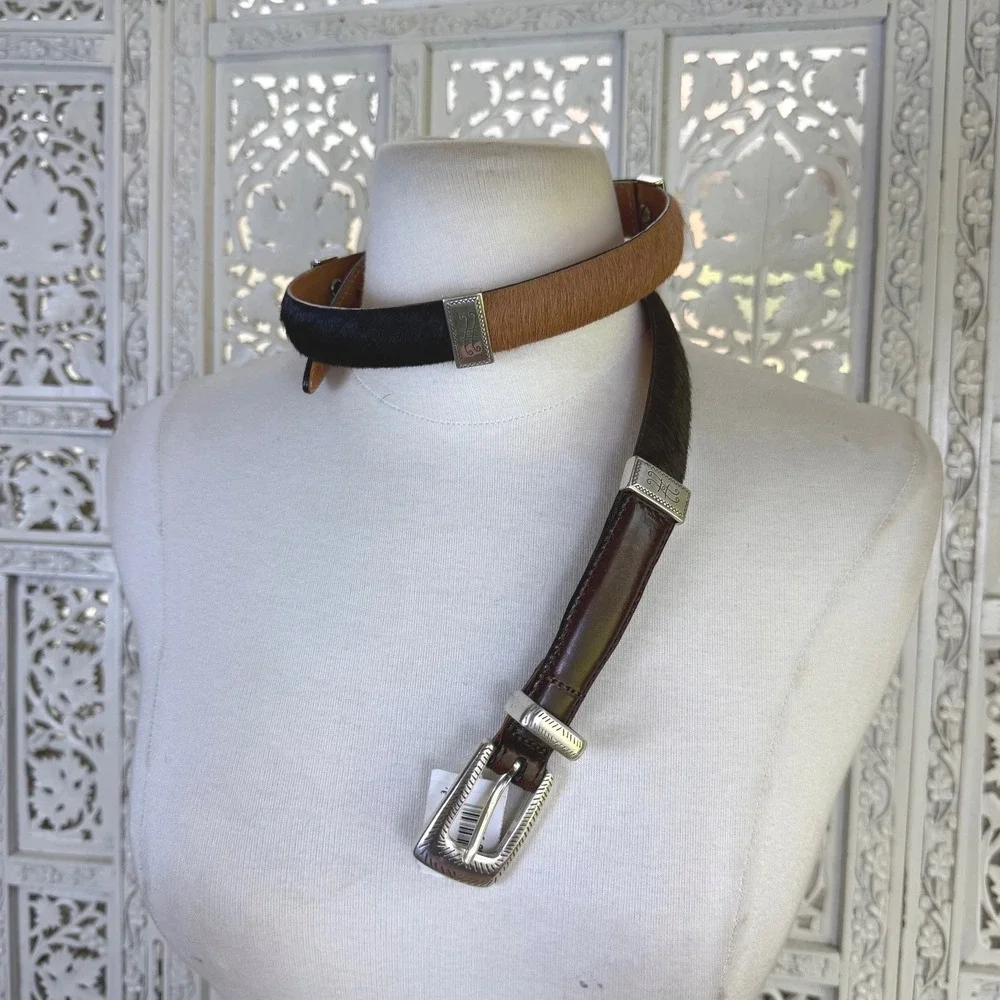 NEW Vtg Brighton Calf Hair Leather Color Block Belt Womens XXS/XS Western Boho